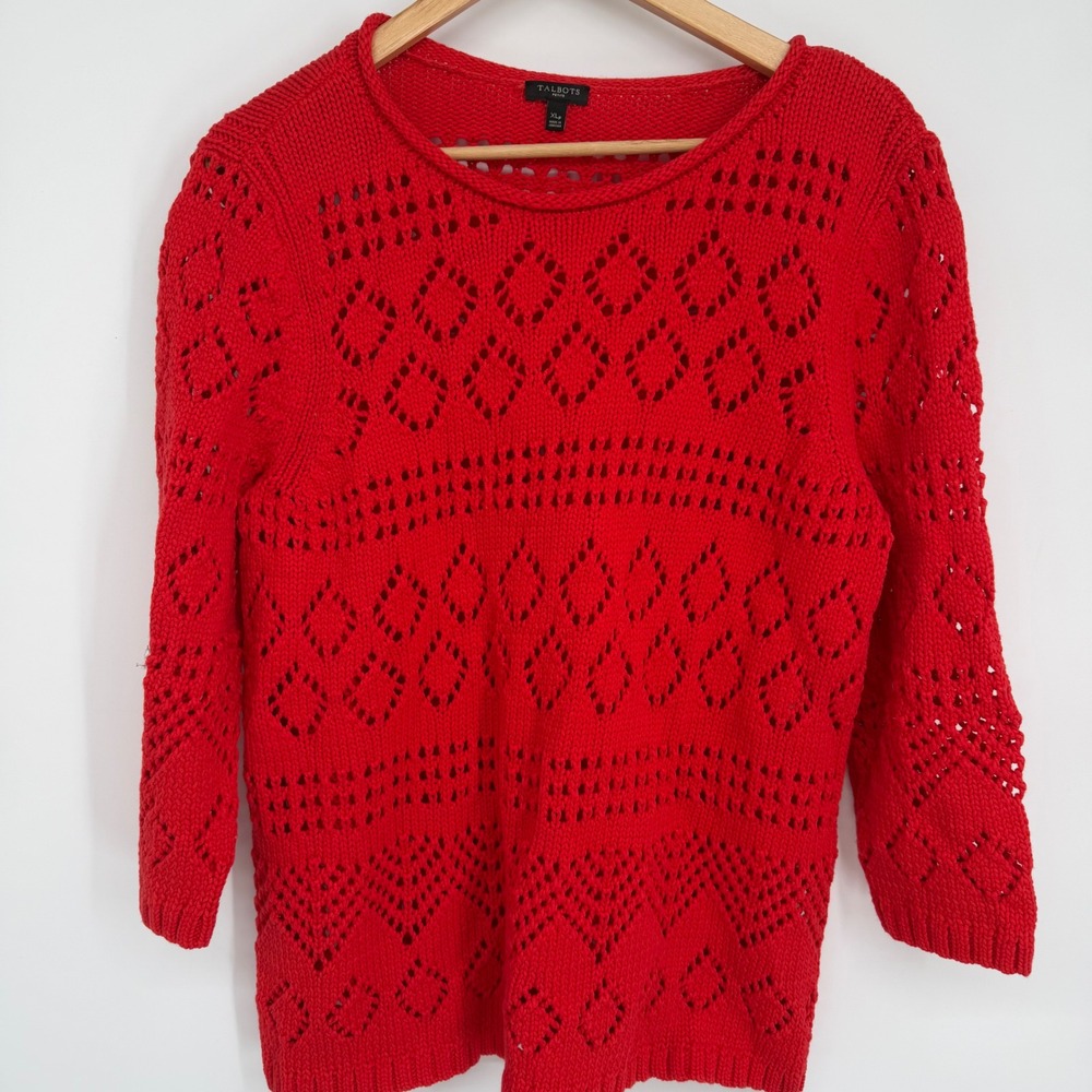 Talbots Petite Red Pointelle Open Knit Sweater XL P Cotton Crochet Layering
